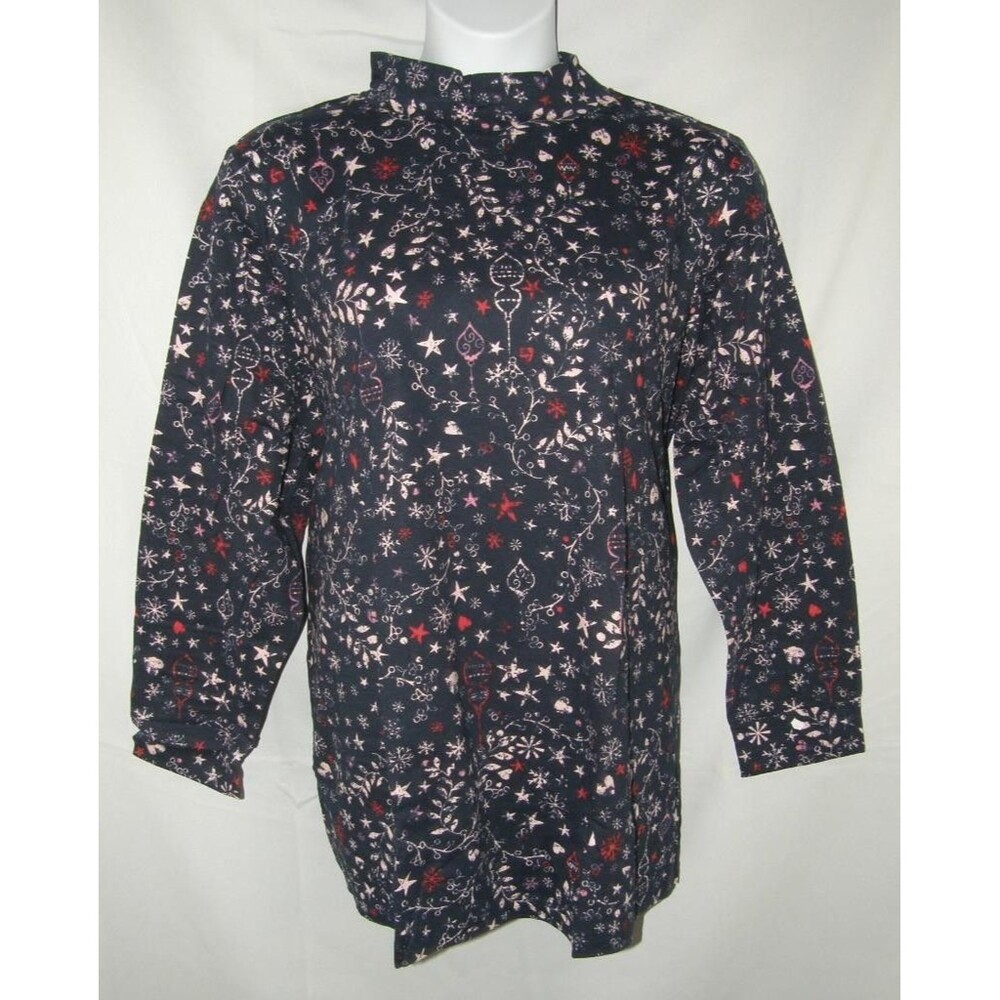 WOMAN WITHIN Christmas Print Plus Sz 30/32 Cotton Mock Neck Holiday Shirt NEW